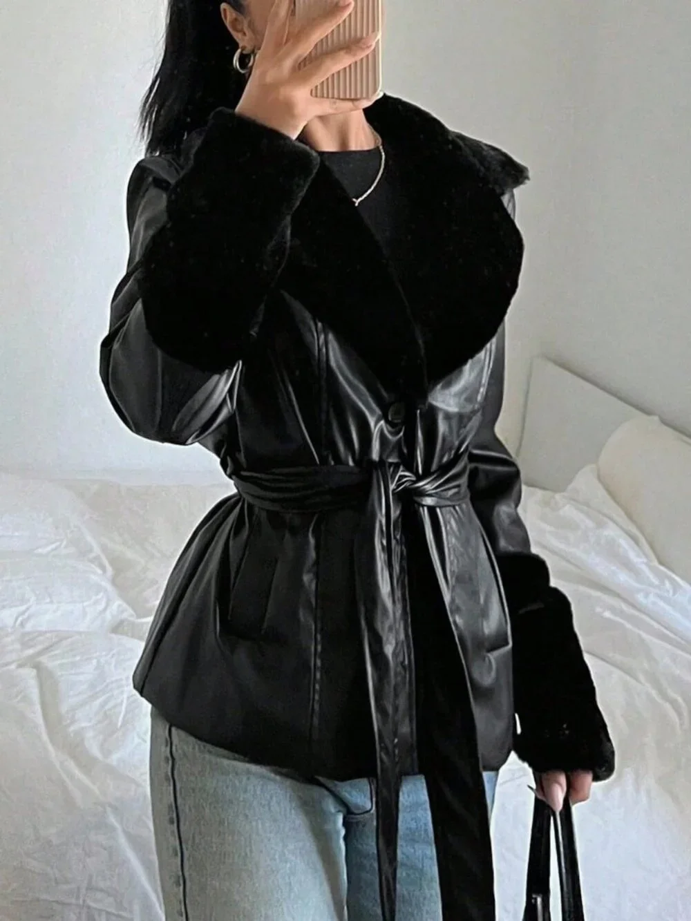 Black contemporary Women's Long Sleeve belted faux leather fur trim Jacket - Picture 7 of 7